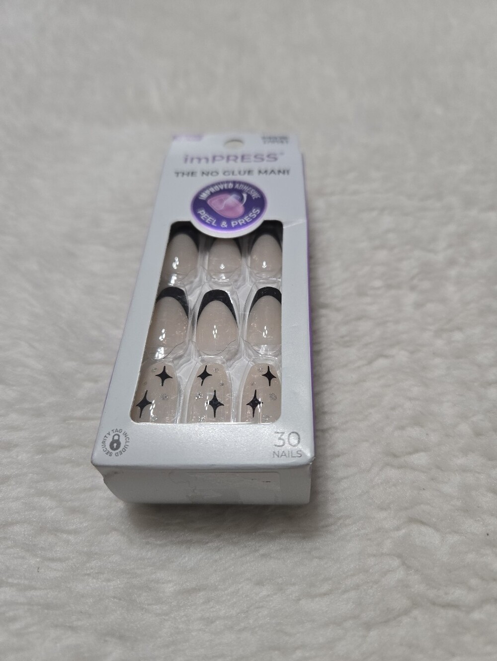 ImPRESS No Glue Mani Nude Black Tip Star Bedazzled Press On Nails NEW